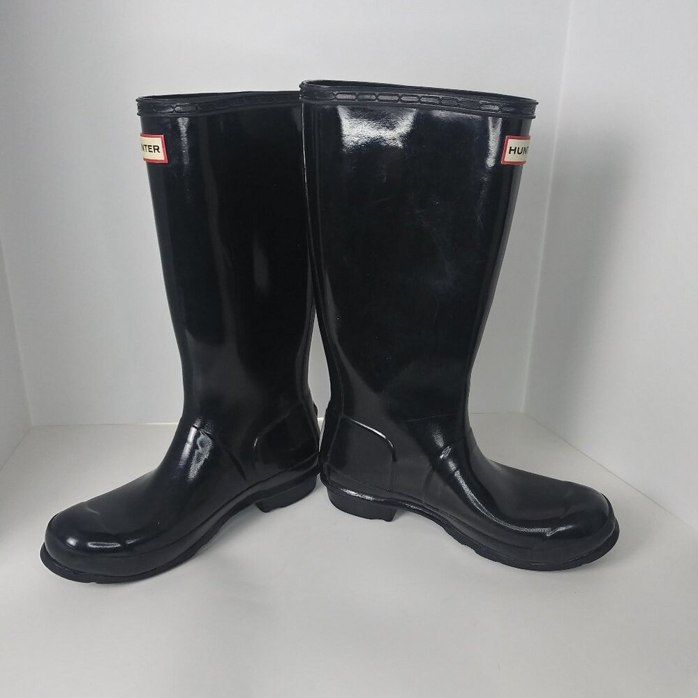 Hunter Original Tall Gloss Rain Boots Black Size 37/5 VGUC